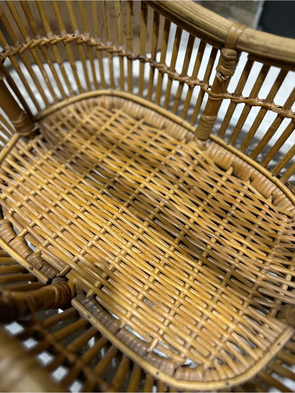 Vintage Bent Bamboo and  Natural Rattan Handled Basket